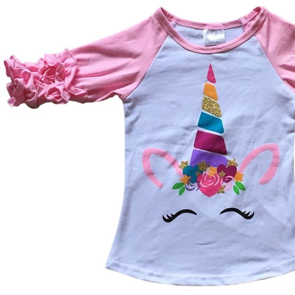 3 PCS Little Girls Kids Unicorn Polka Dot Rainbow Shirt Top Tee Tshirt Set New - Picture 8 of 8